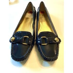 Women's Coach Hellen Blue Shiny Leather & Gold Flats A2158 Size 10 B